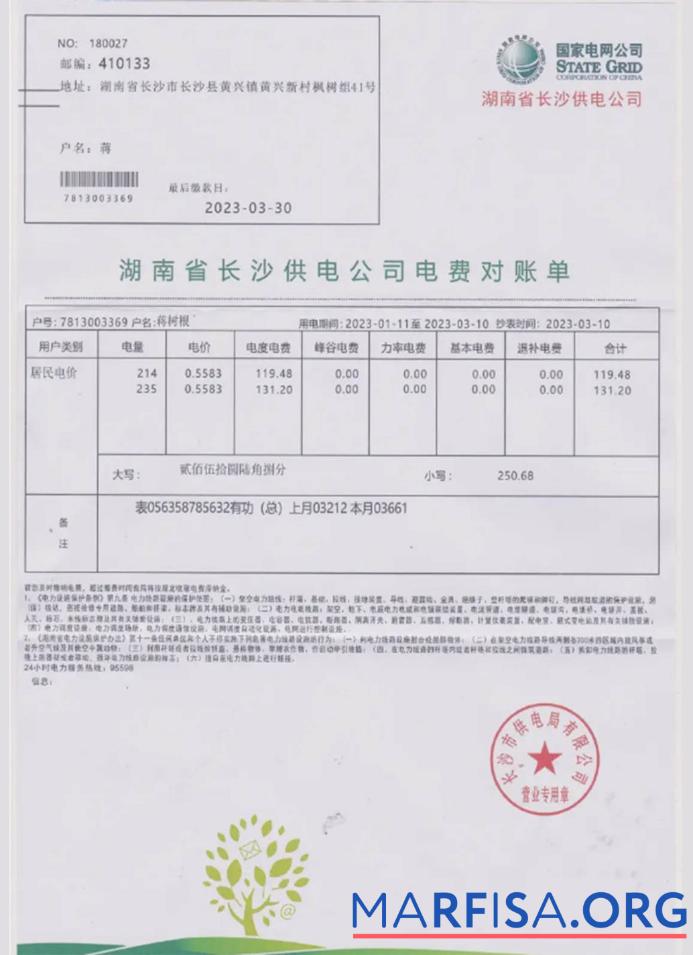 Downloadable China state power grid utility bill in PSD format real example